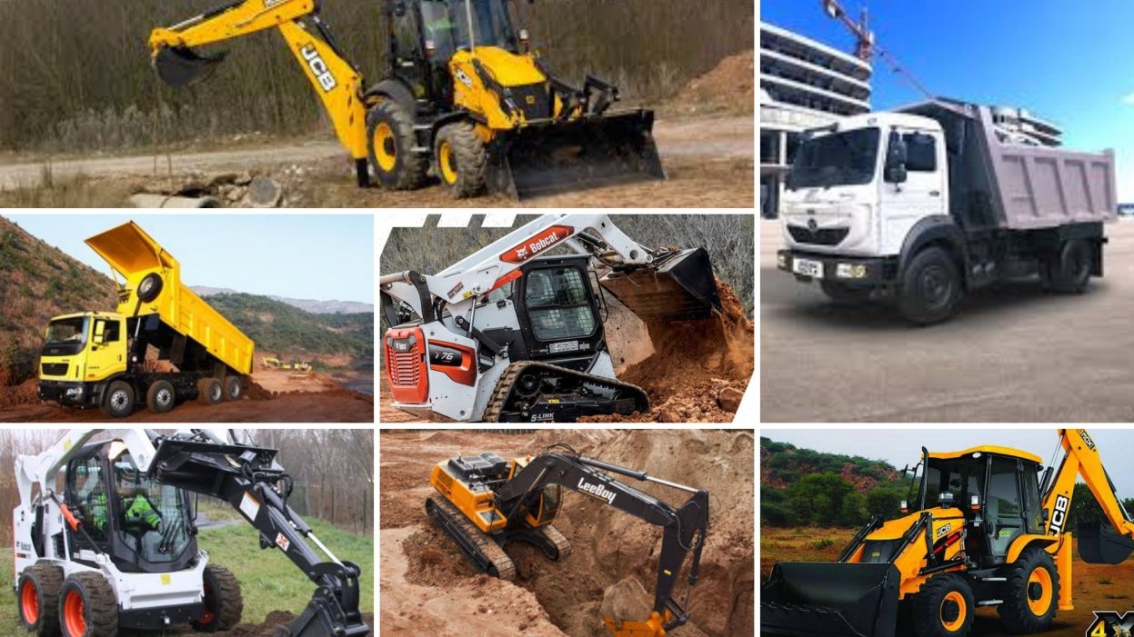 Construction equipment including excavators, loaders and dump trucks